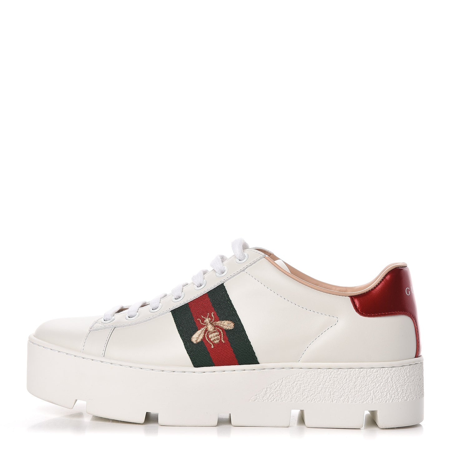 Calfskin Web Bee Embroidered Womens Ace Platform Sneakers 37.5 White