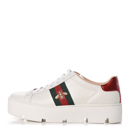 Gucci Calfskin Web Bee Embroidered Womens Ace Platform Sneakers 37.5 White 1 of 7