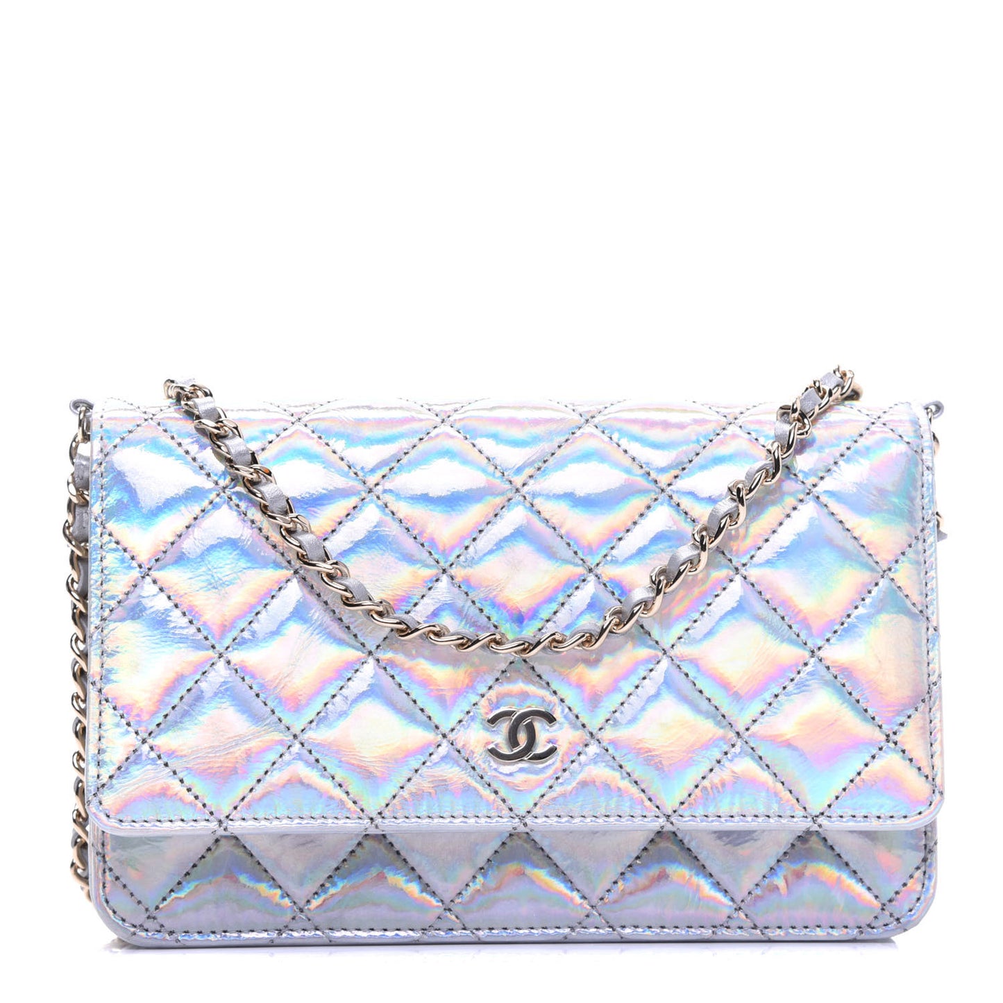 Iridescent Goatskin Quilted Wallet On Chain WOC Silver