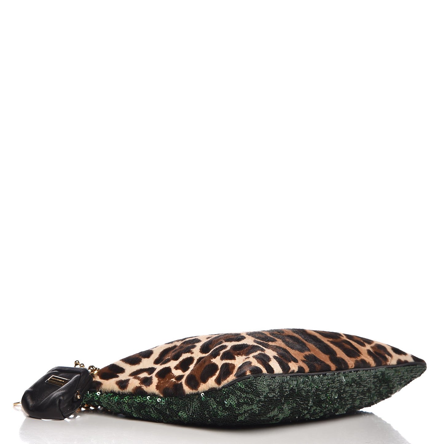 Sequin Leopard Print Calf Hair Chain Clutch Beige Bottle Green