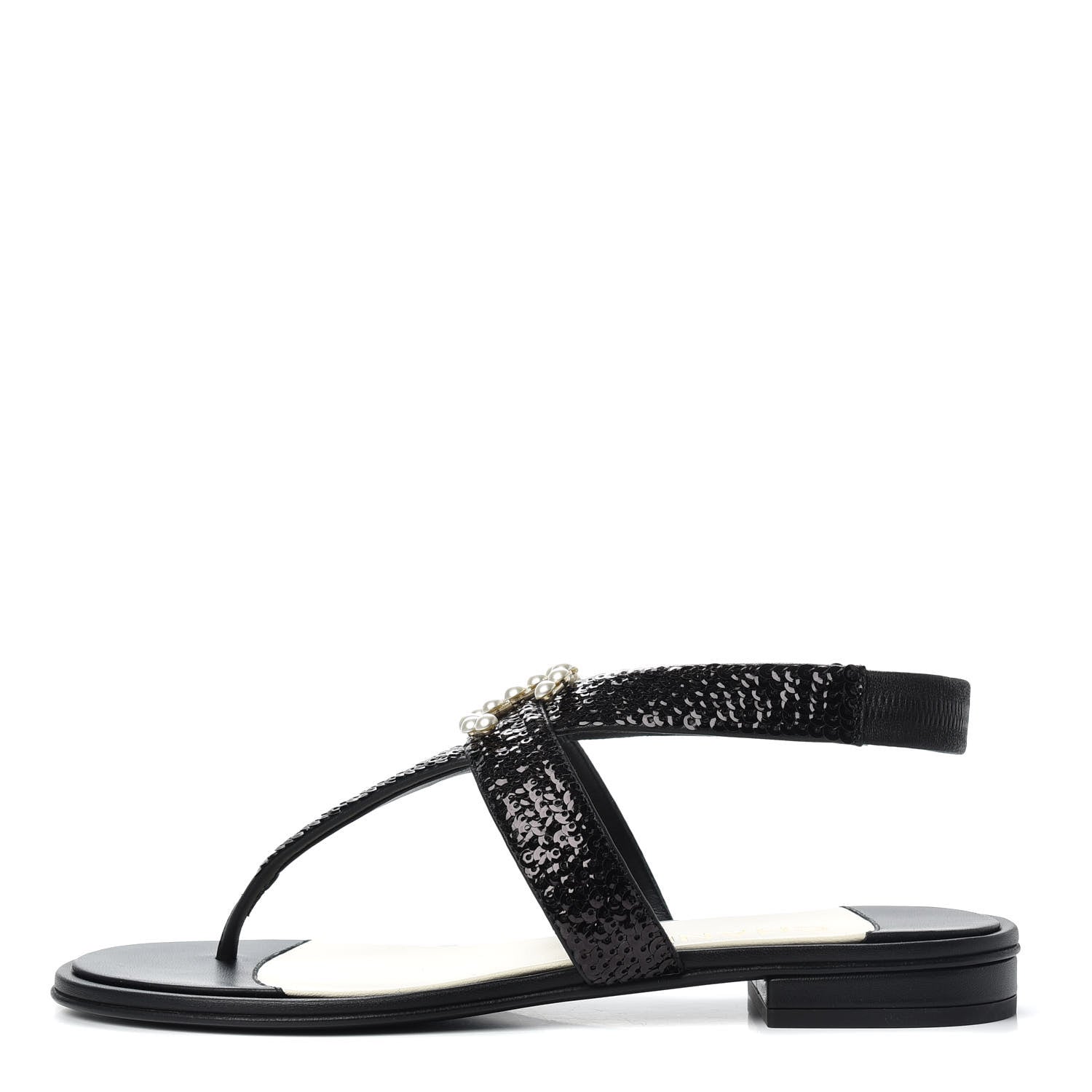 Chanel Lambskin Sequin Pearl CC Thong Sandals 38 Black 1 of 11