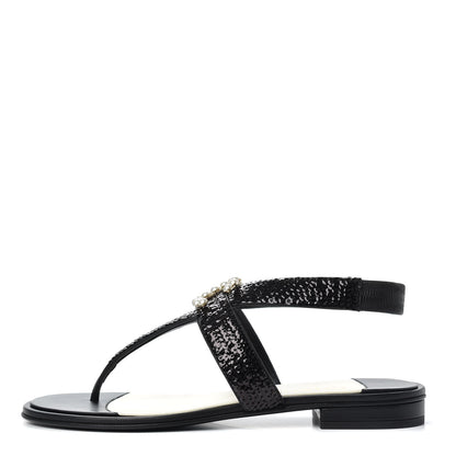 Chanel Lambskin Sequin Pearl CC Thong Sandals 38 Black 1 of 11