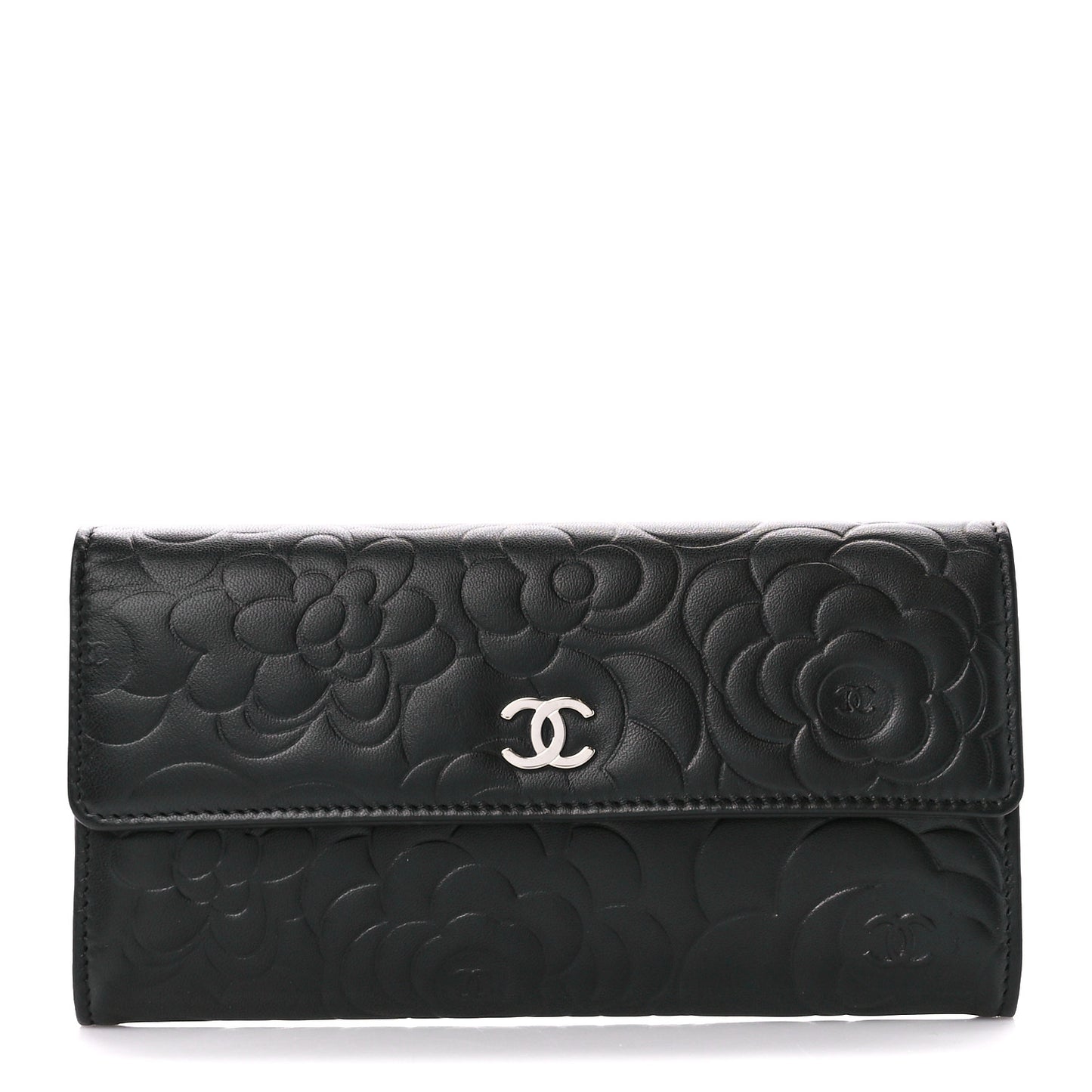 Lambskin Camellia Embossed Large Flap Wallet Black
