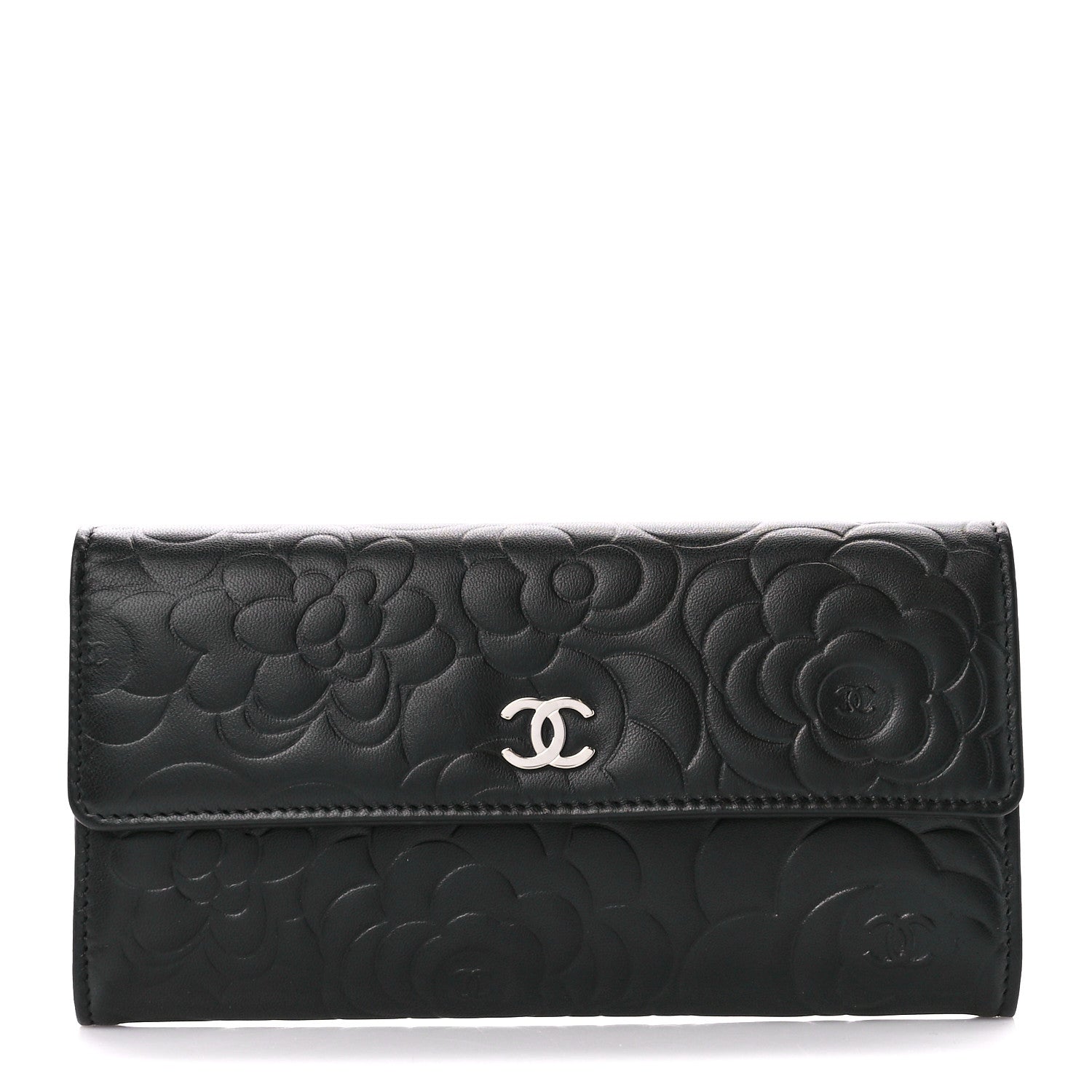Chanel Lambskin Camellia Embossed Large Flap Wallet Black 1 of 13