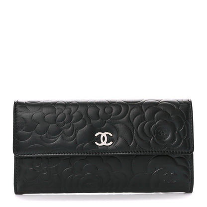 Chanel Lambskin Camellia Embossed Large Flap Wallet Black 1 of 13