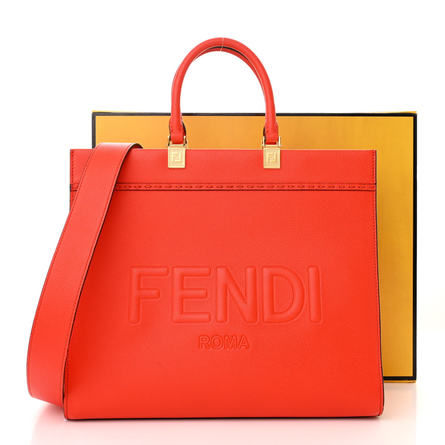 Fendi Vitello Cher Logo Debossed Medium Fendi Sunshine Shopper Tote Lava 14 of 14