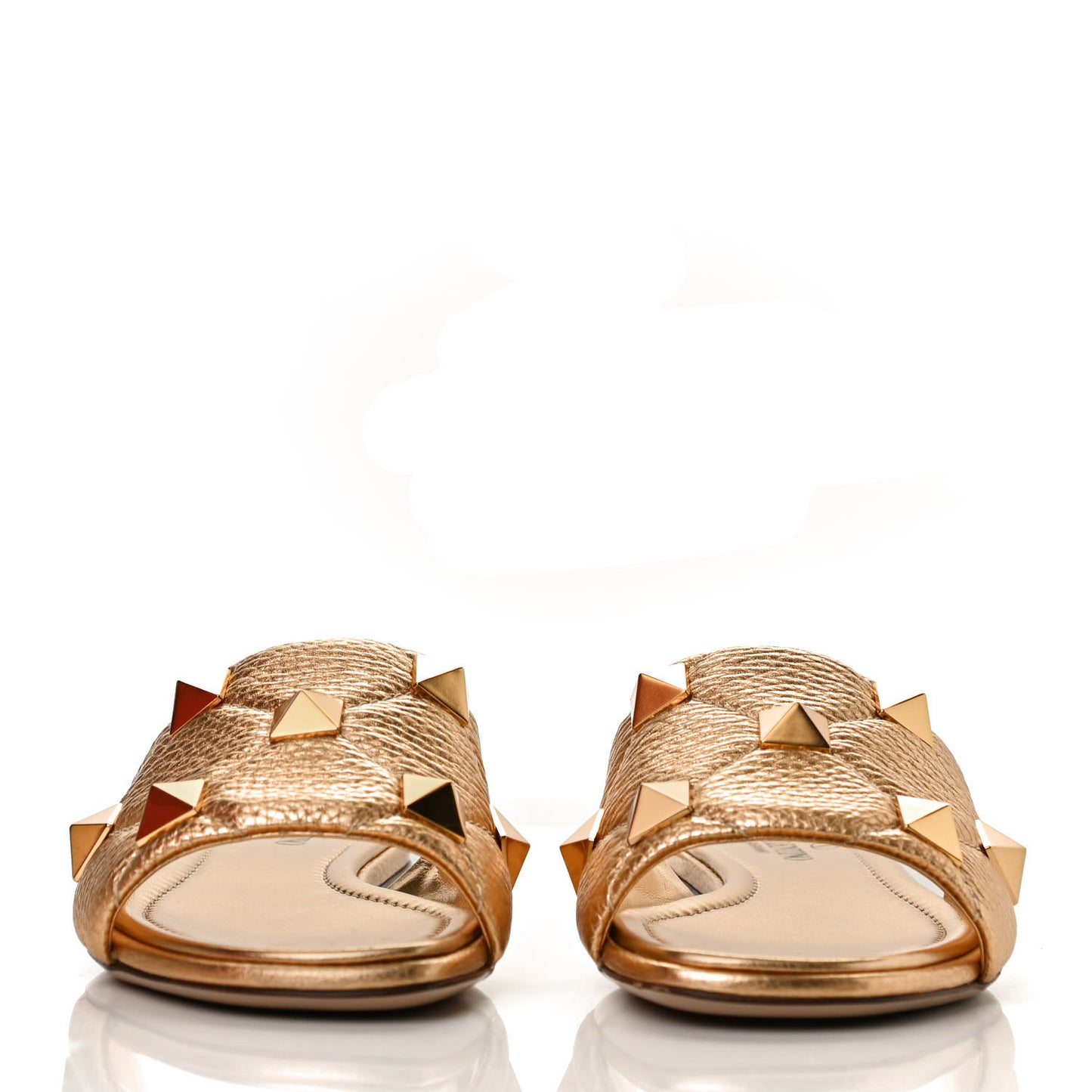 Metallic Pebbled Calfskin Roman Stud Flat Slide Sandals 36 Antique Brass