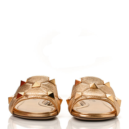 Valentino Garavani Metallic Pebbled Calfskin Roman Stud Flat Slide Sandals 36 Antique Brass 2 of 12