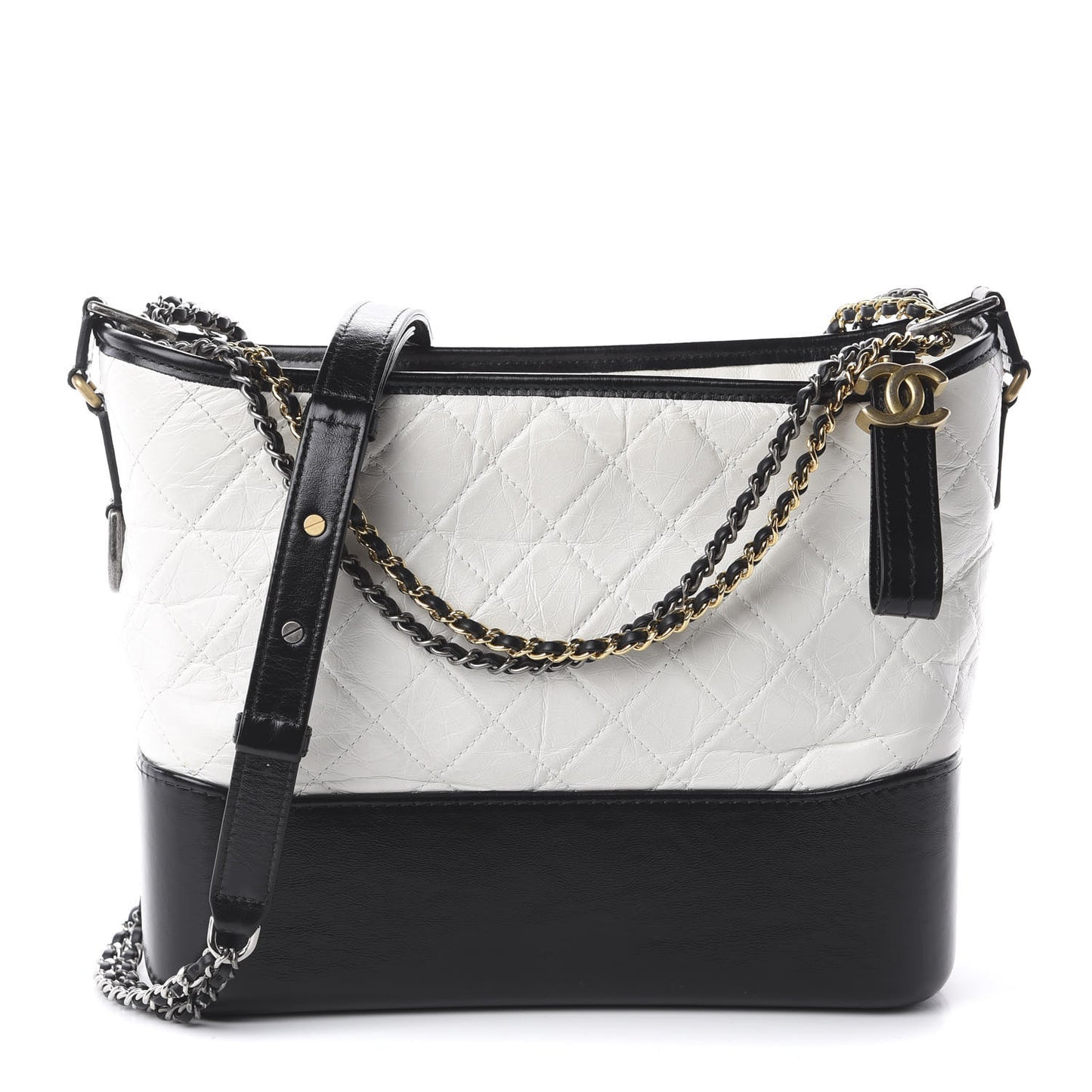 Aged Calfskin Quilted Medium Gabrielle Hobo Black White