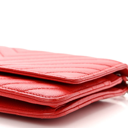 Chanel Caviar Flat Chevron Quilted Wallet On Chain WOC Red 12 of 14
