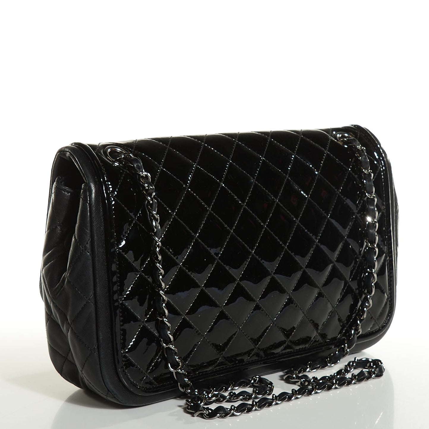 Patent Quilted Jumbo Classic Twist Flap Bag Black