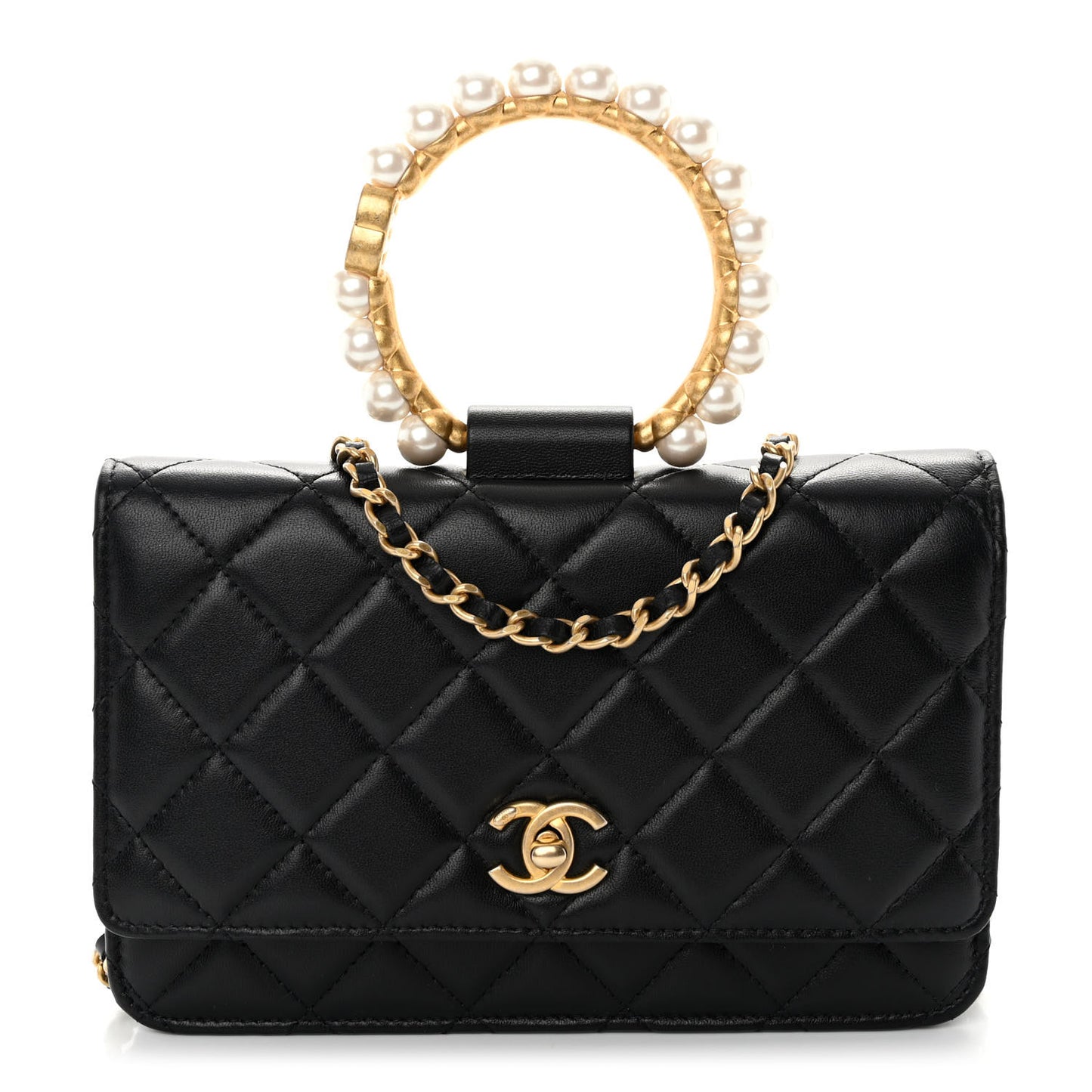 Lambskin Quilted Pearl Crown Wallet On Chain WOC Black