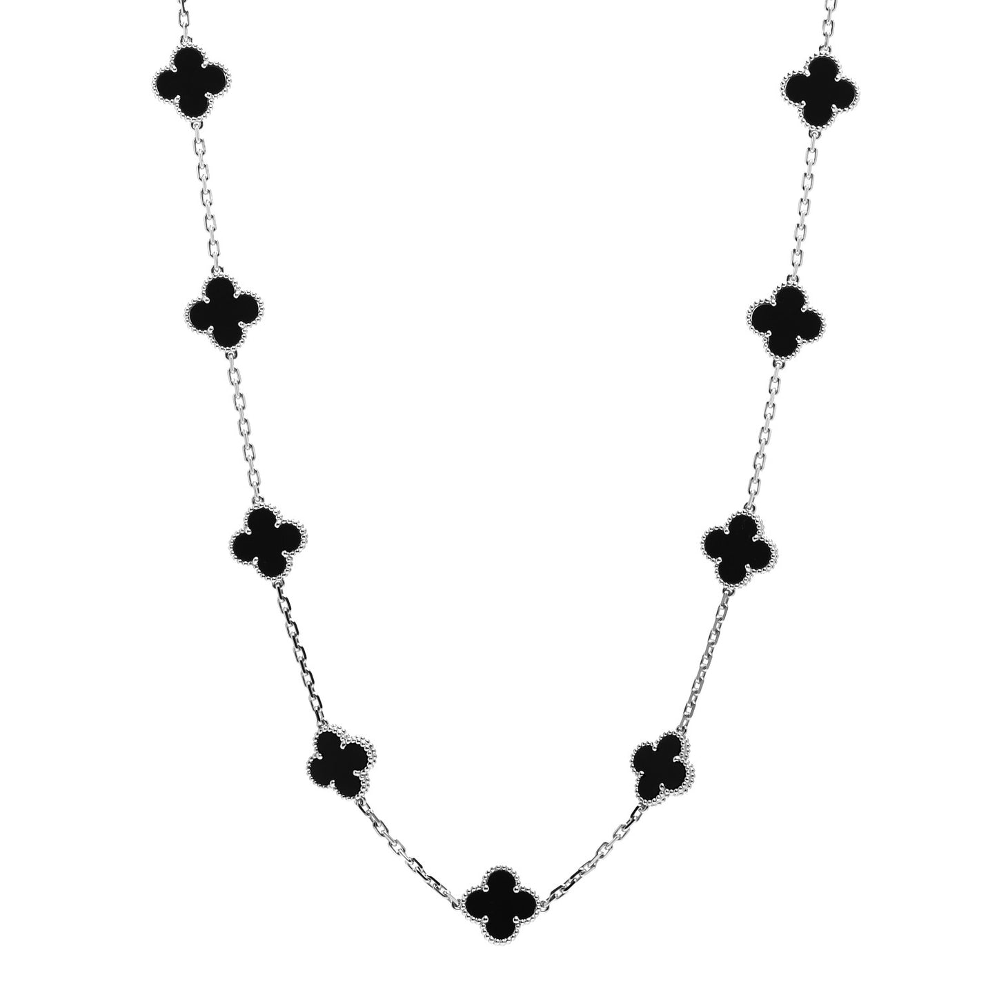 18K White Gold Black Onyx 20 Motifs Vintage Alhambra Necklace