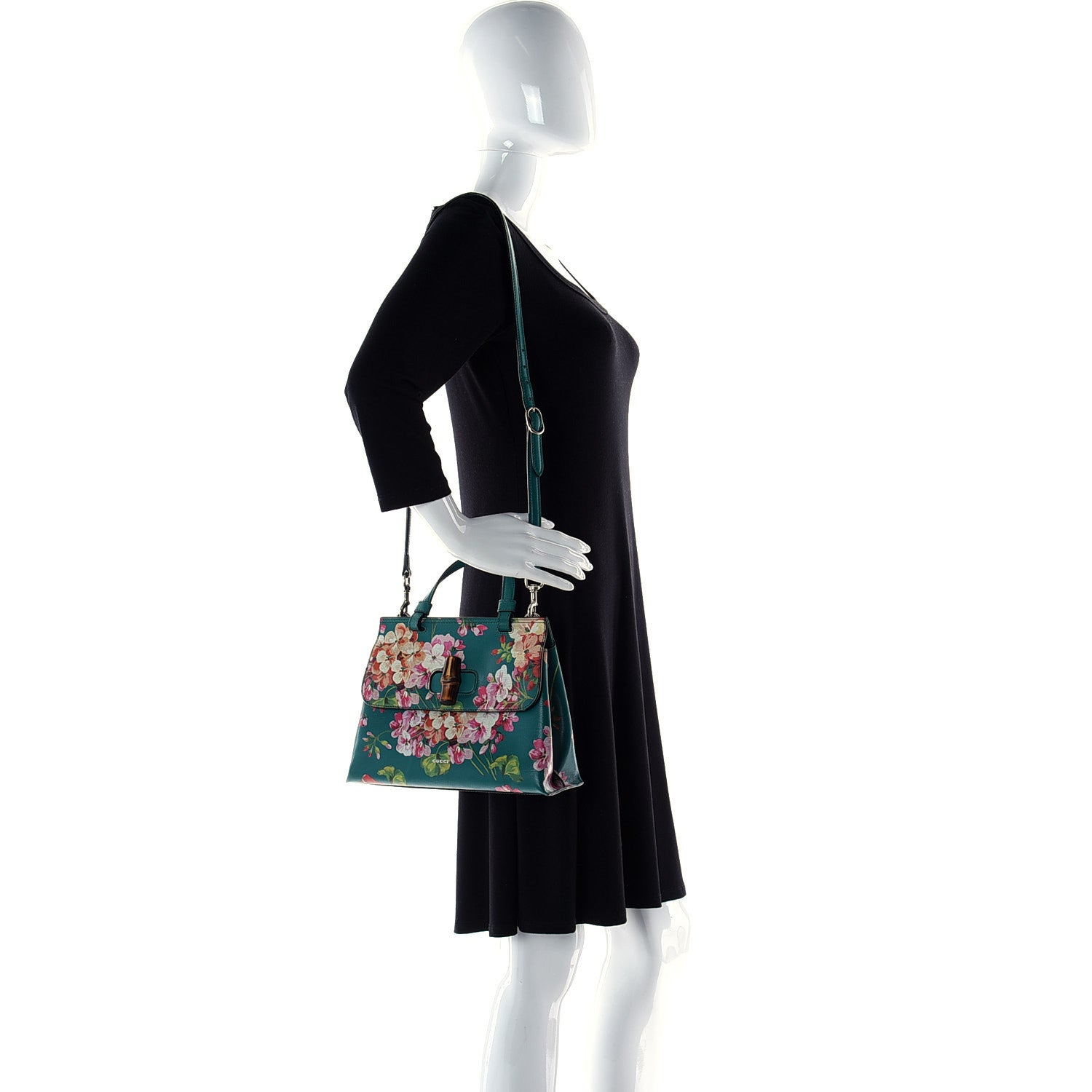 Gucci Shangai Calfskin Blooms Print Small Bamboo Daily Top Handle Bag Clear Bright Emerald Multicolor 14 of 14