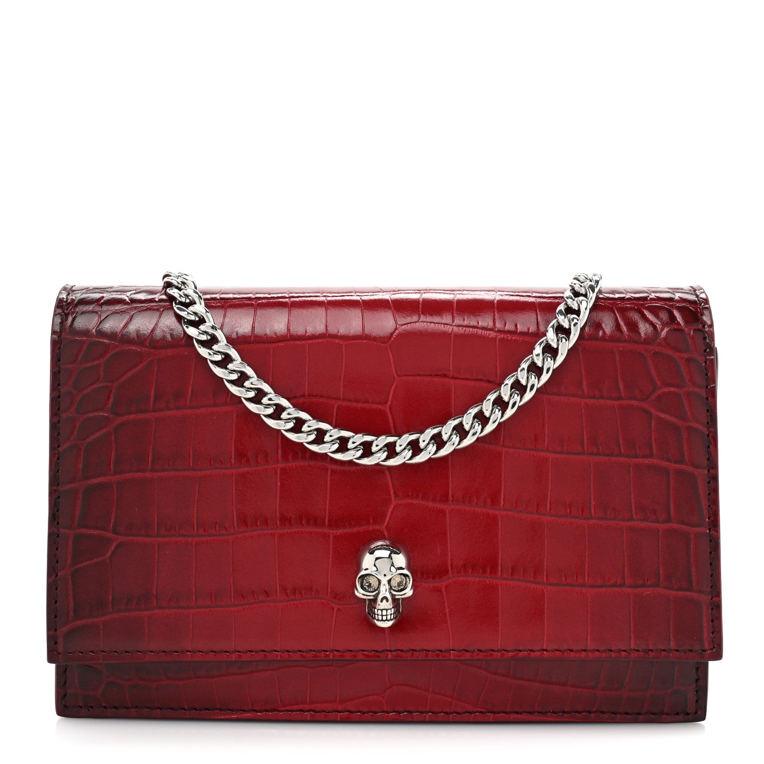 Alexander McQueen Calfskin Crocodile Embossed Skull Mini Crossbody Bag Red 1 of 12