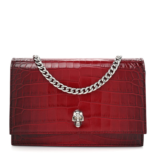 Calfskin Crocodile Embossed Skull Mini Crossbody Bag Red