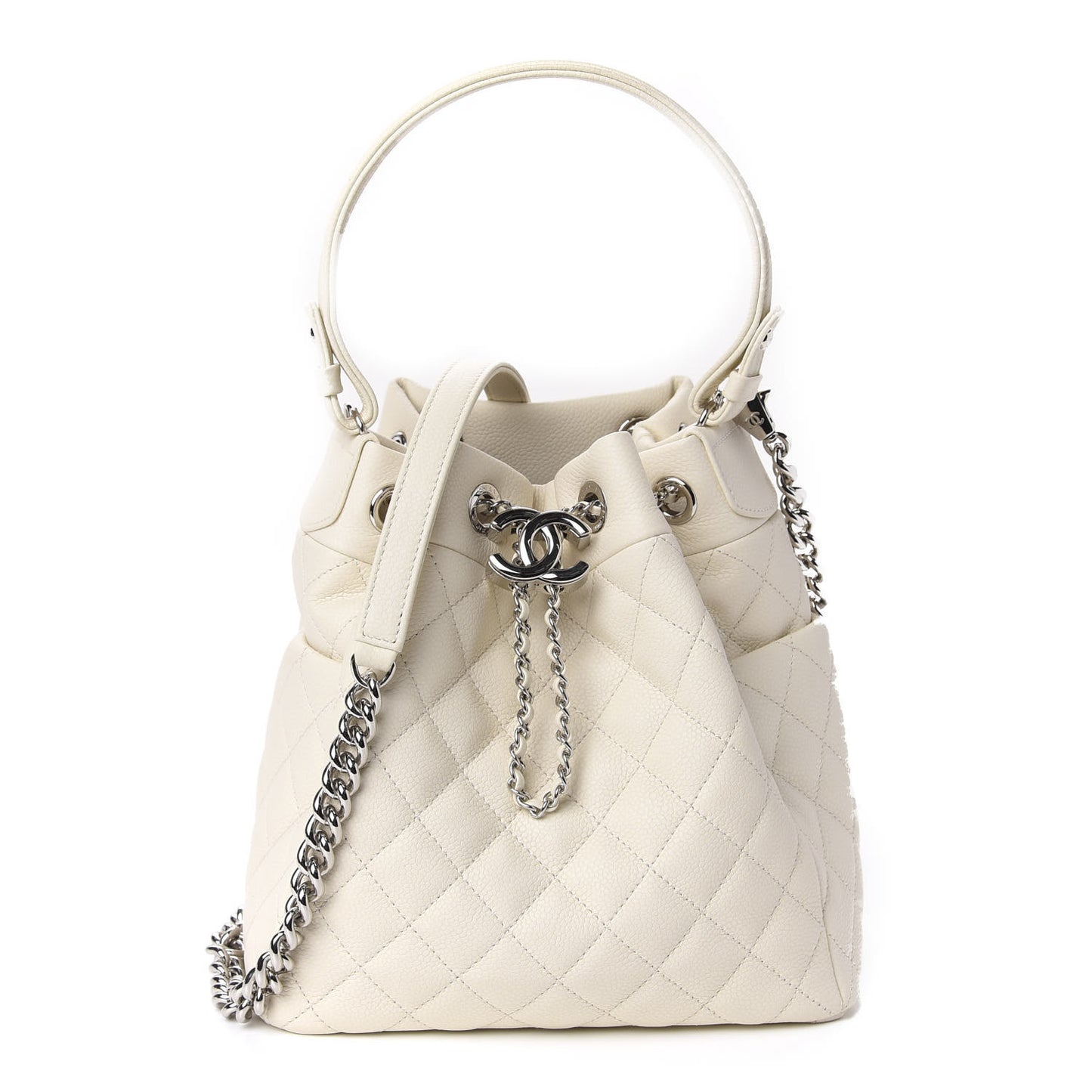 Caviar Flat Quilted Small Chain Bucket Bag Off White