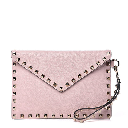 Valentino Garavani Pebbled Calfskin Medium Rockstud Envelope Flat Wristlet Pouch Water Rose 1 of 7