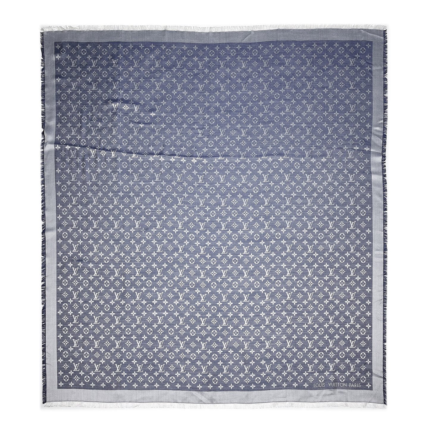 Wool Silk Monogram Denim Shawl Blue
