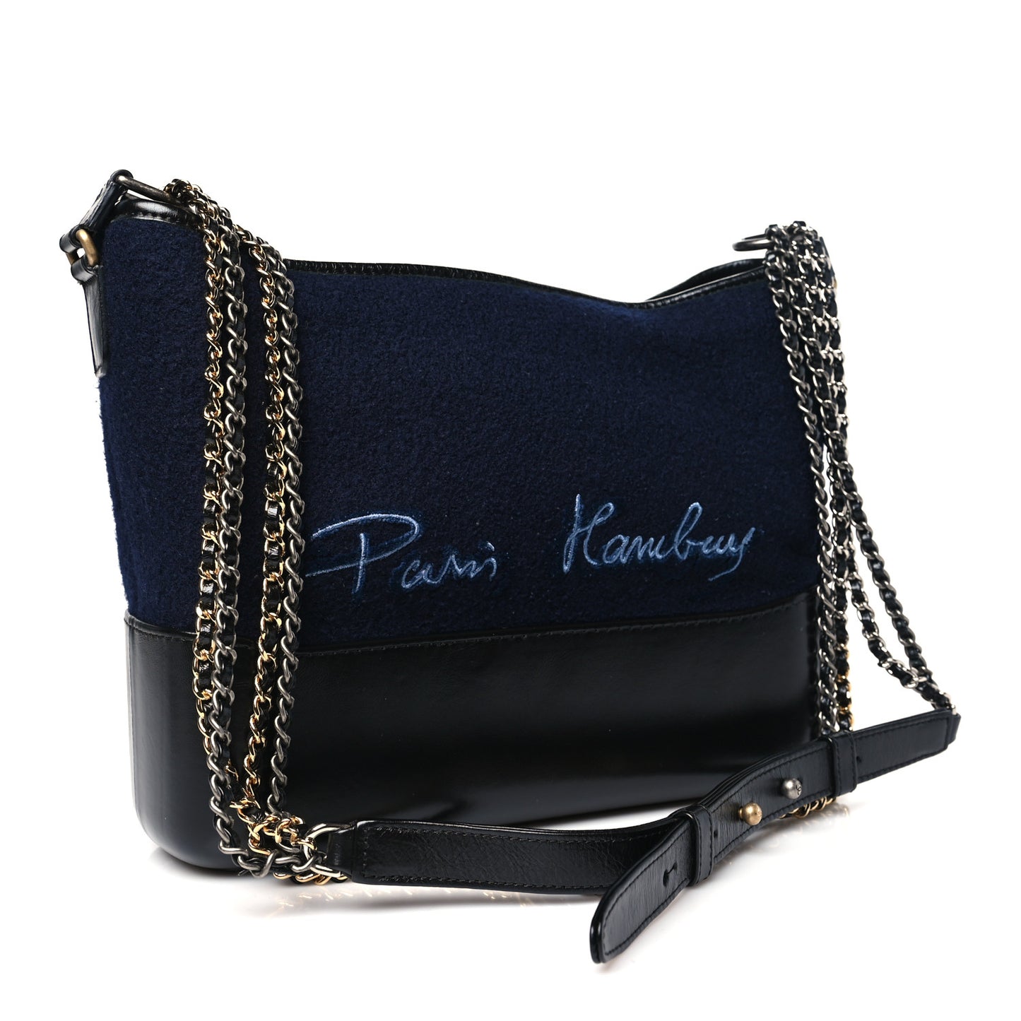 Calfskin Wool Embroidered Paris Hamburg Medium Gabrielle Hobo Dark Navy Blue