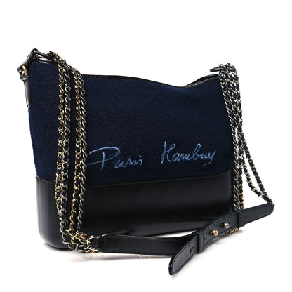 Chanel Calfskin Wool Embroidered Paris Hamburg Medium Gabrielle Hobo Dark Navy Blue 3 of 10