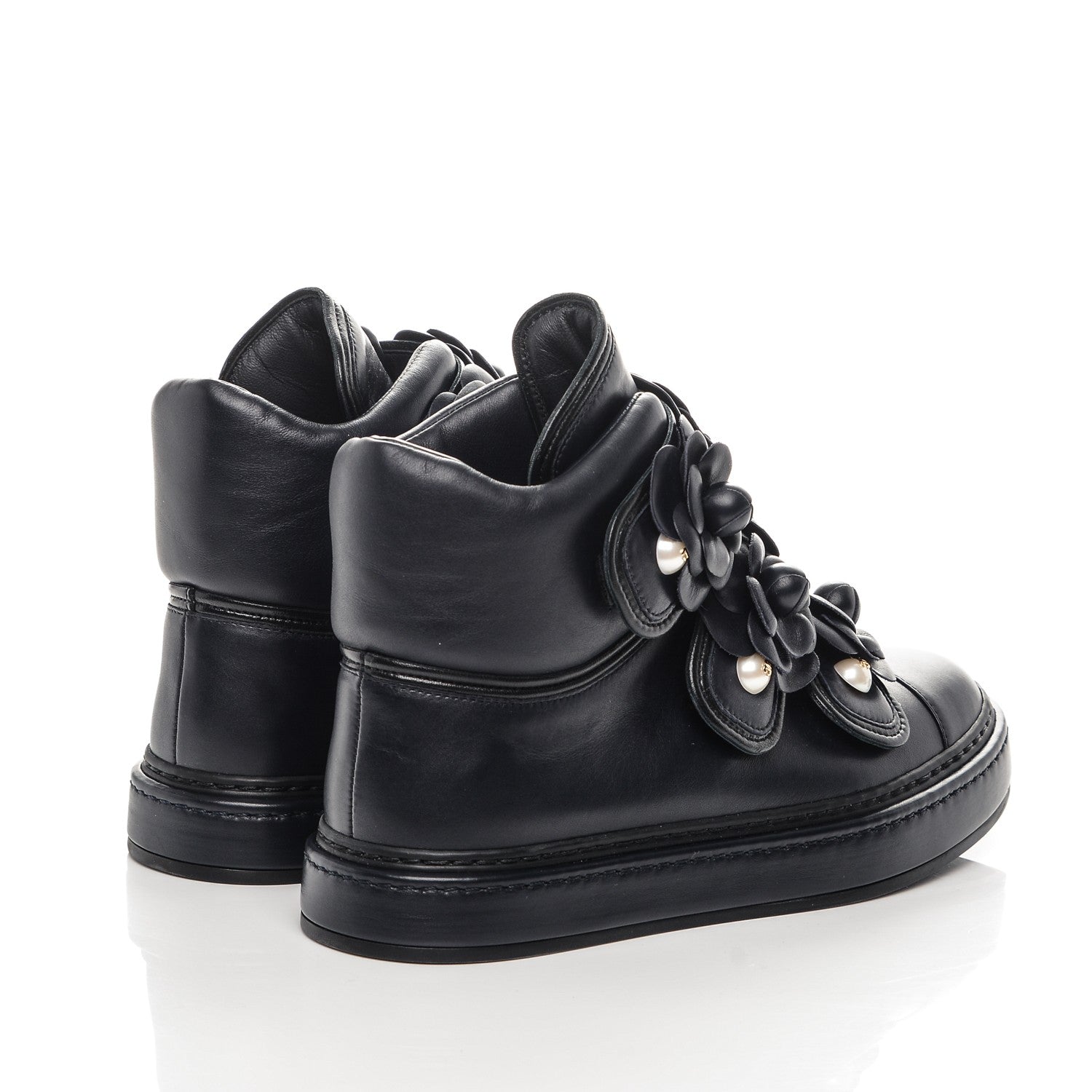 Chanel Lambskin Camellia High Top Sneakers 35.5 Navy 4 of 7