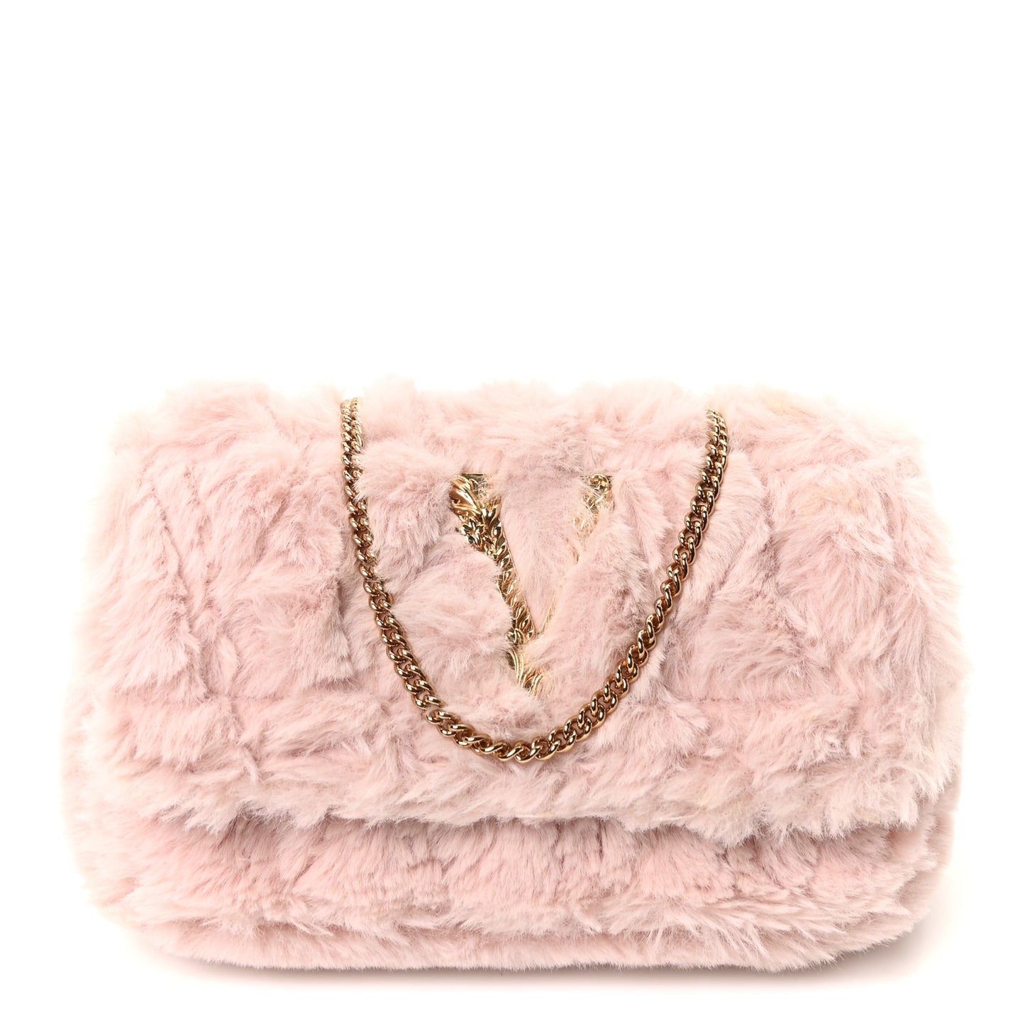 Faux Fur Quilted Virtus V Mini Chain Flap Shoulder Bag English Rose