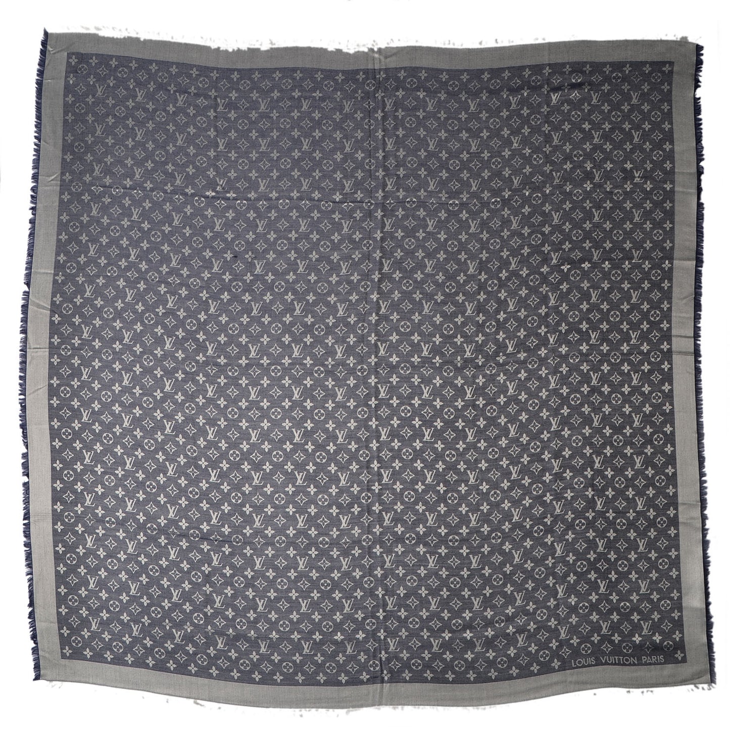 Wool Silk Monogram Denim Shawl Blue