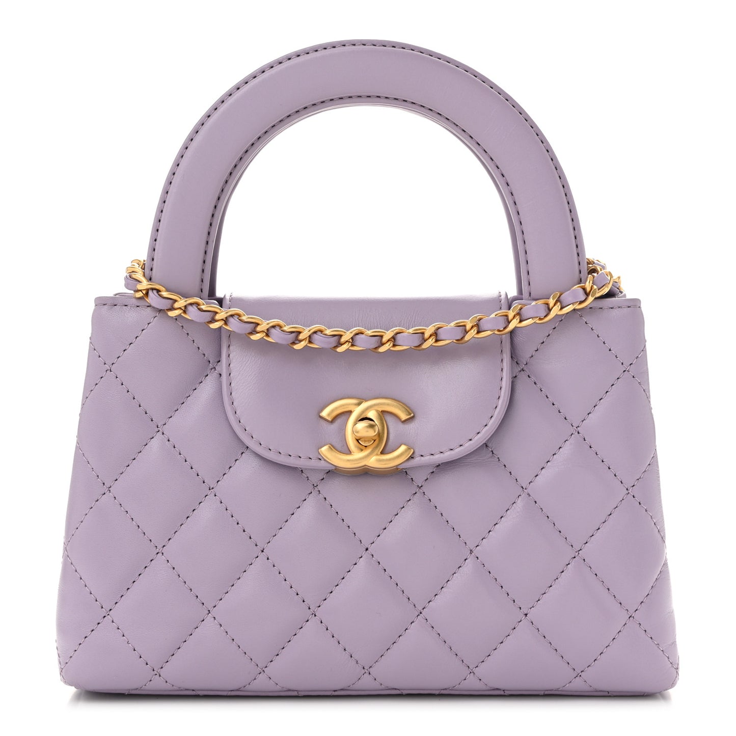 Shiny Aged Calfskin Quilted Nano Kelly Shopper Lilac