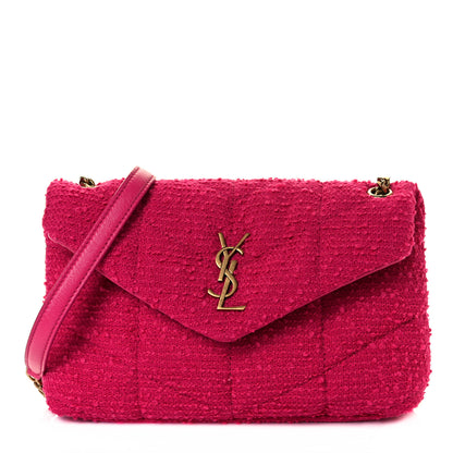 Saint Laurent Boucle Tweed Quilted Toy Loulou Puffer Monogram Chain Satchel Magenta 2 of 31