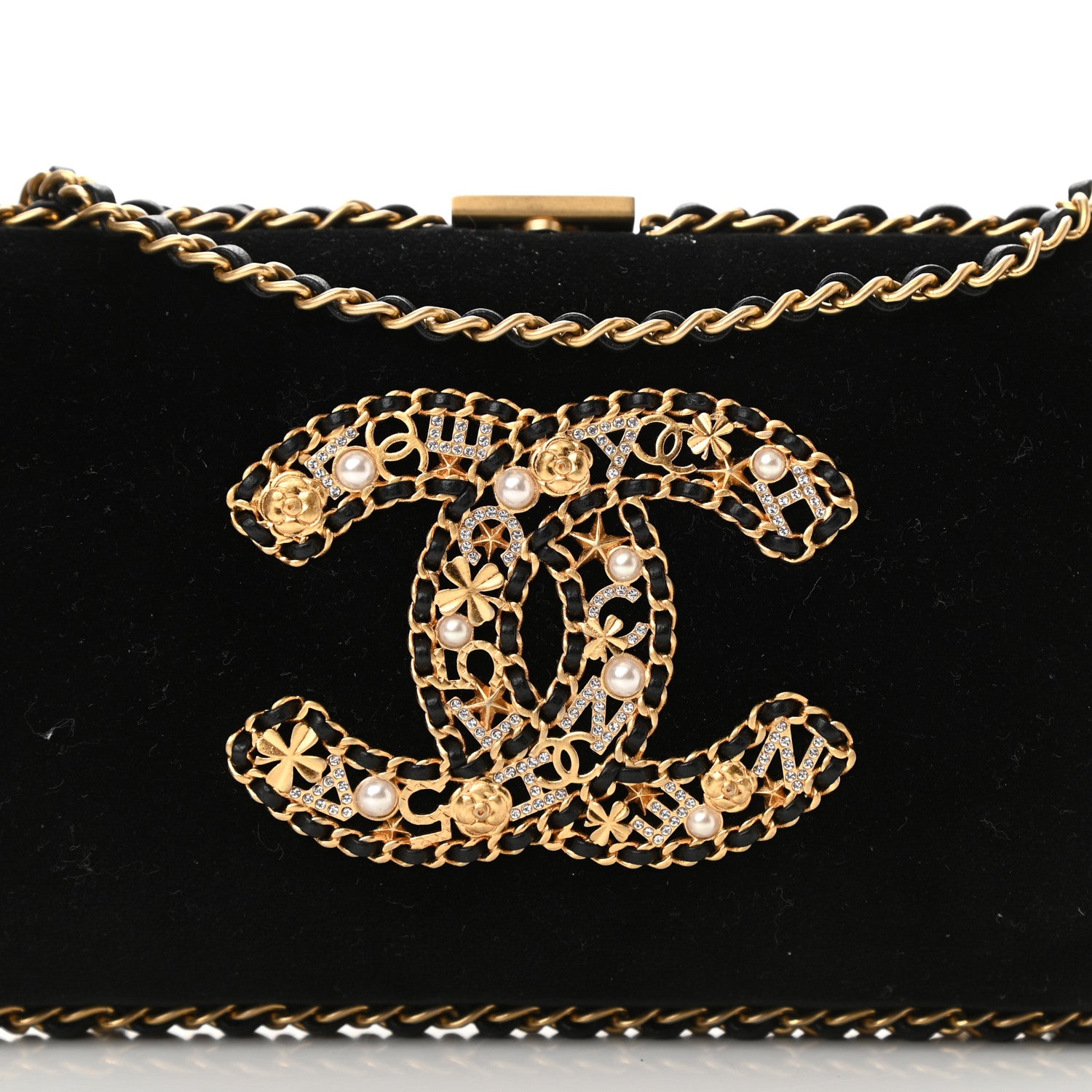 Chanel Velvet Pearl Crystal Sergeant Chain Around Evening Clutch Black Gold 8 of 10