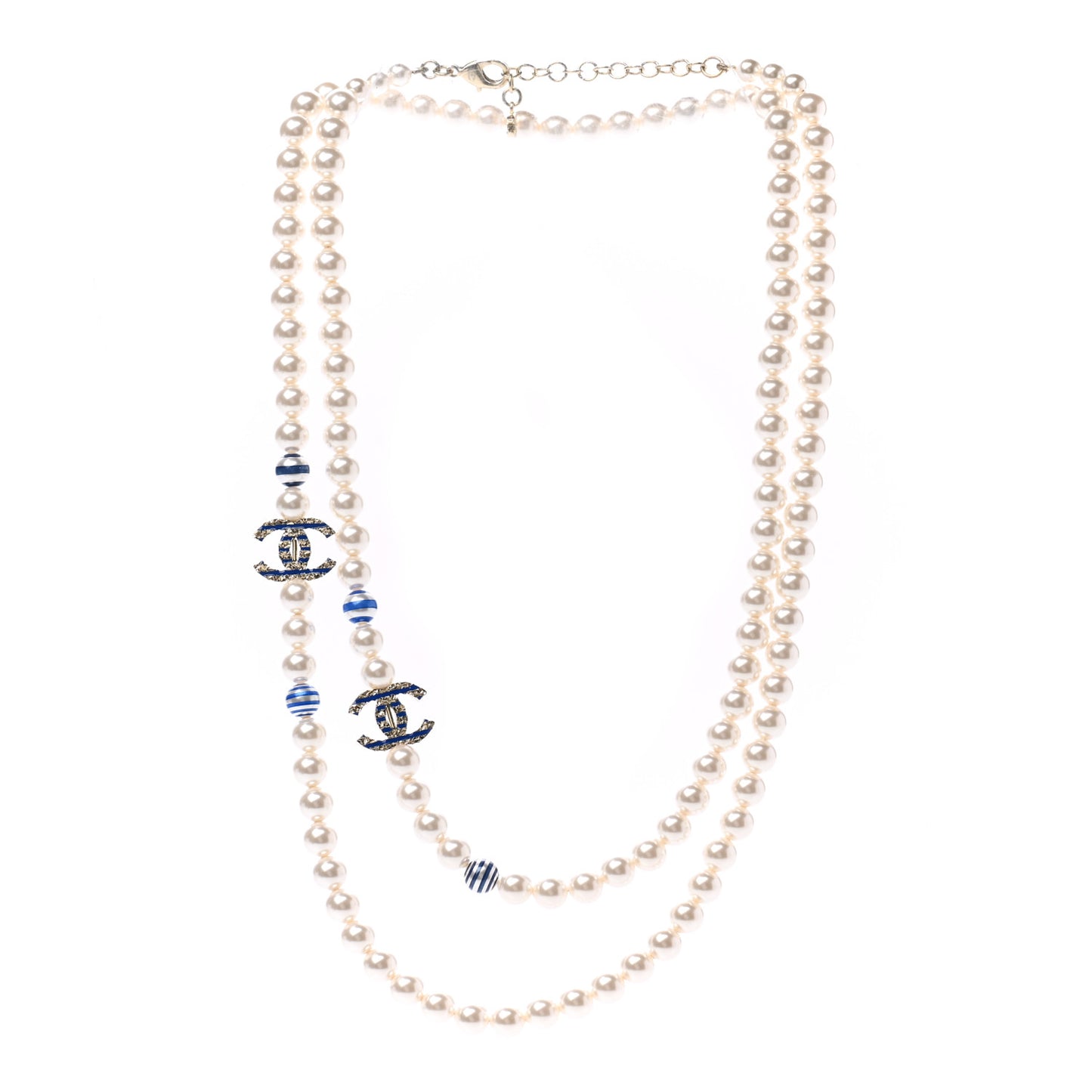 Resin Pearl Striped CC Long Necklace Blue Gold