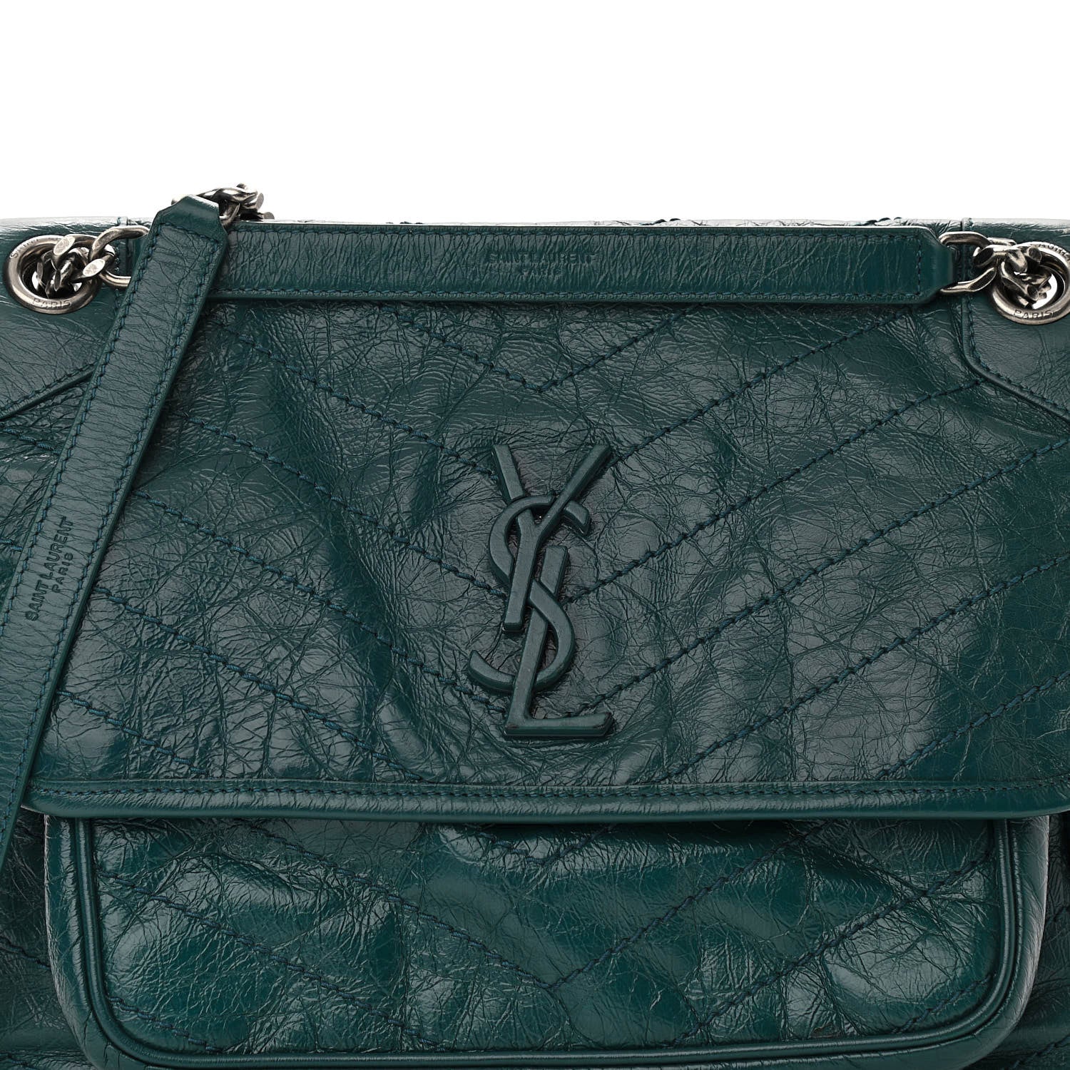 Saint Laurent Crinkled Calfskin Matelasse Monogram Medium Niki Chain Satchel Peacock Green 10 of 10