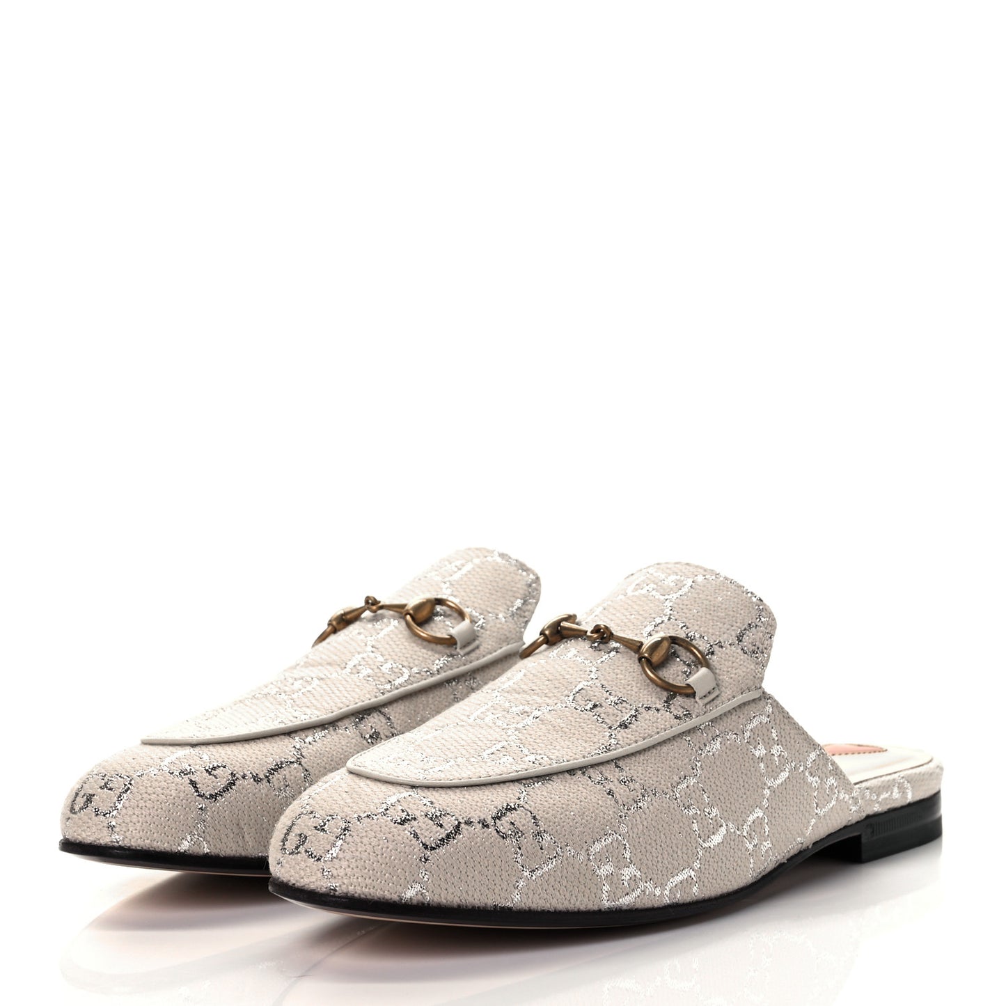 Canvas Lame GG Monogram Womens Princetown Slippers 37 Gardenia Silver