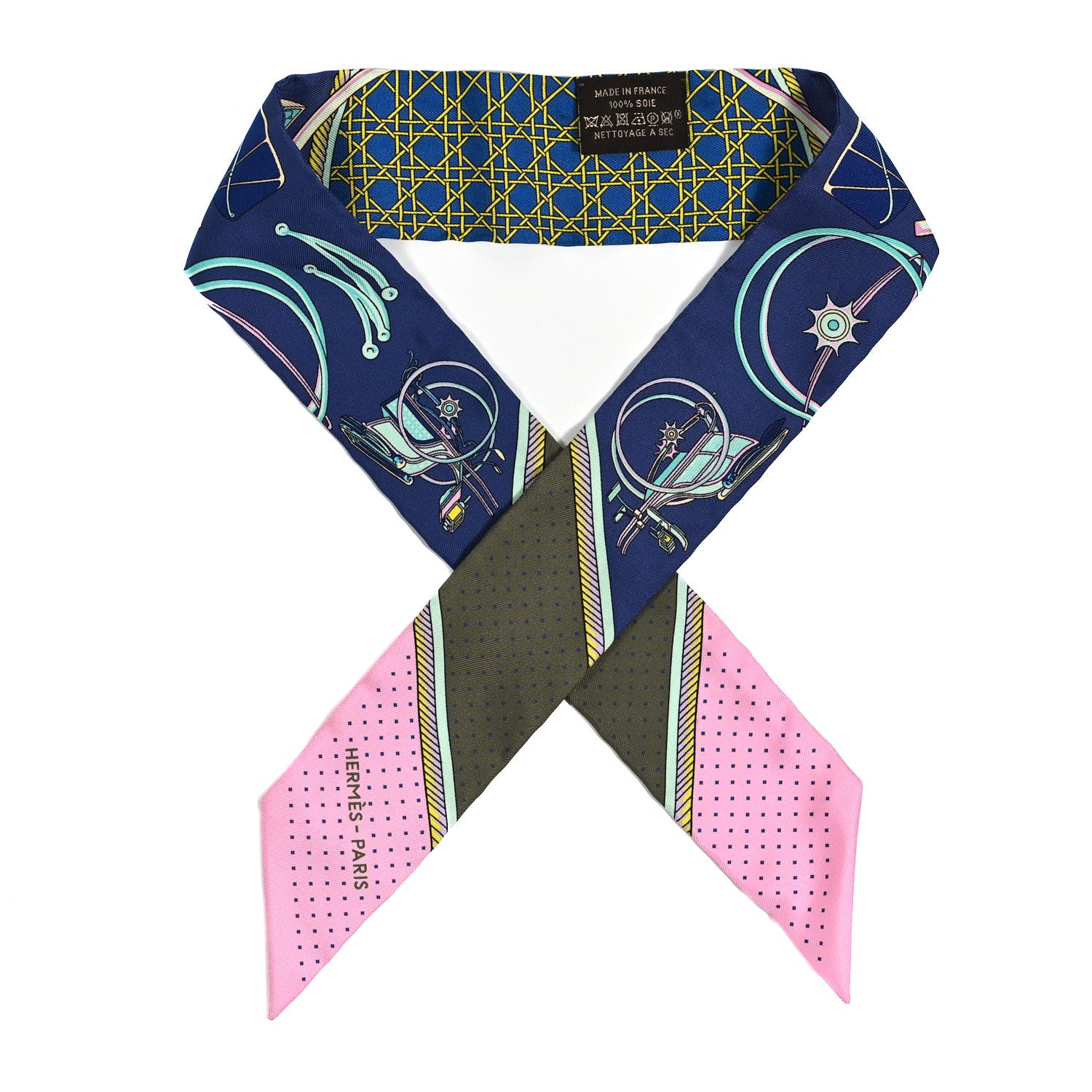 Hermes Silk Les Voitures A Transformation Twilly Encre Kaki Rose 1 of 4