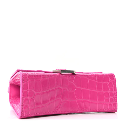 Balenciaga Shiny Calfskin Crocodile Embossed Hourglass Top Handle Bag XS Lipstick Pink 4 of 11