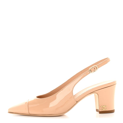 Chanel Patent Calfskin Cap Toe CC Slingback Pumps 36.5 Beige 1 of 11