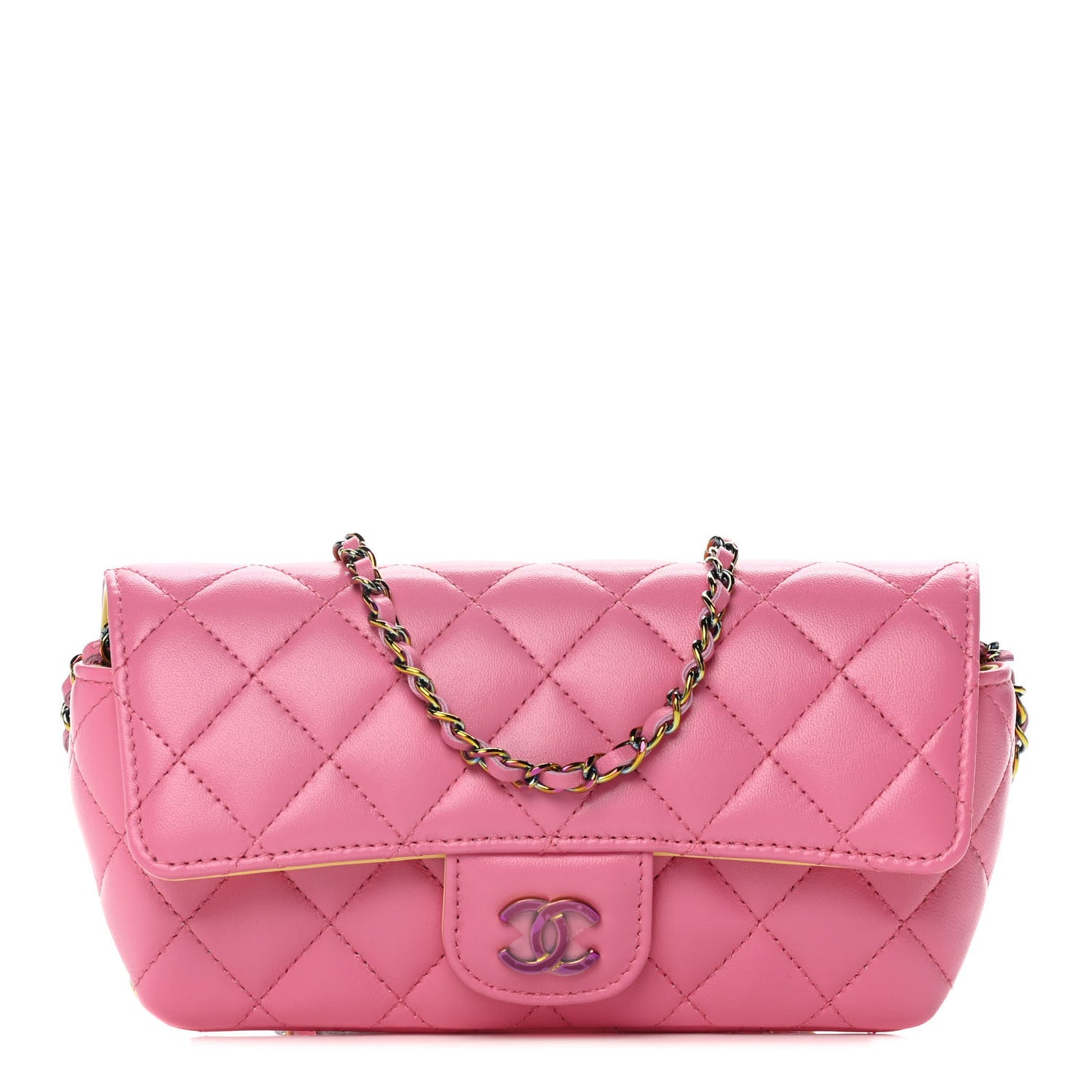 Lambskin Quilted Glasses Case With Chain Pink Yellow