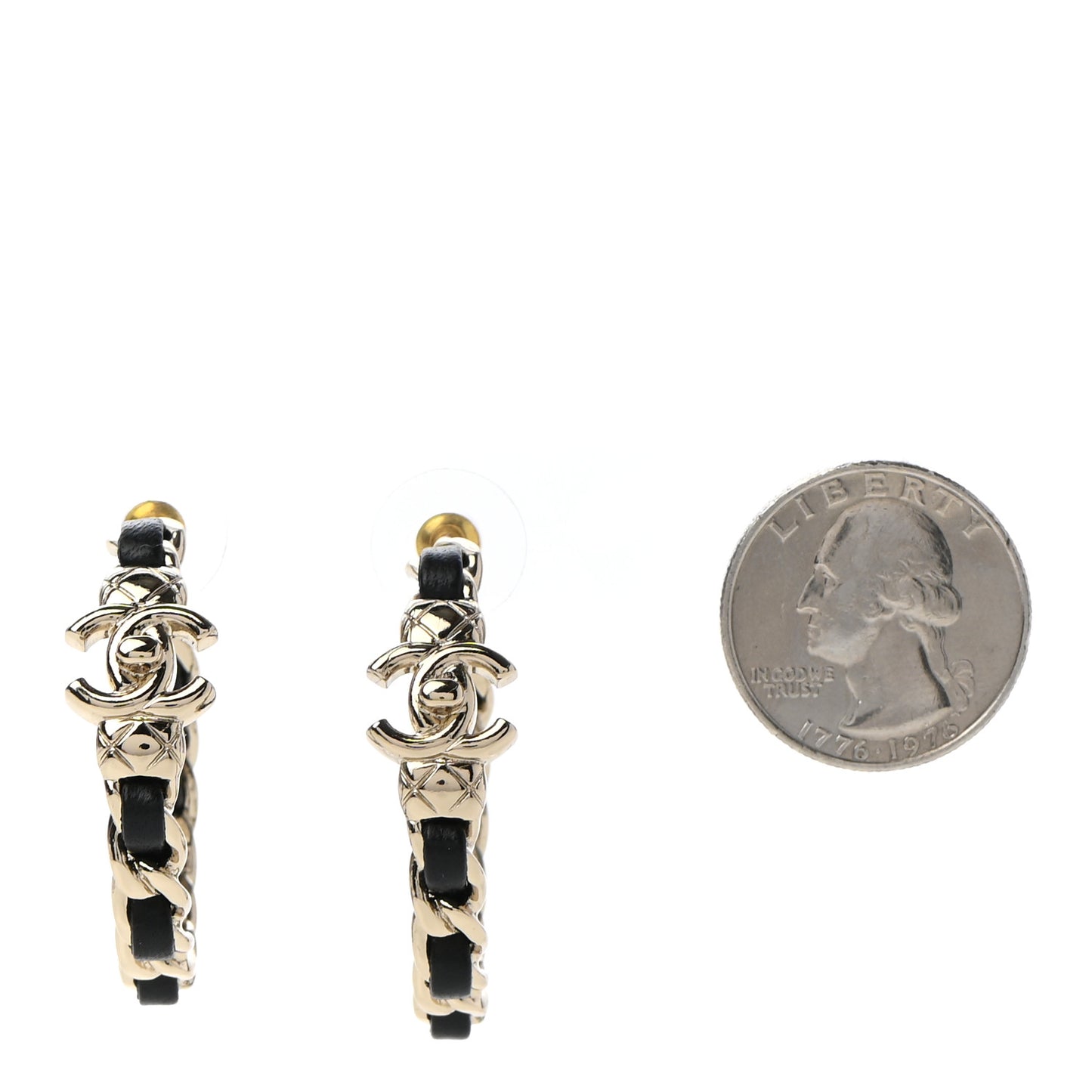 Metal Lambskin Quilted CC Turnlock Chain Hoop Earrings Gold Black