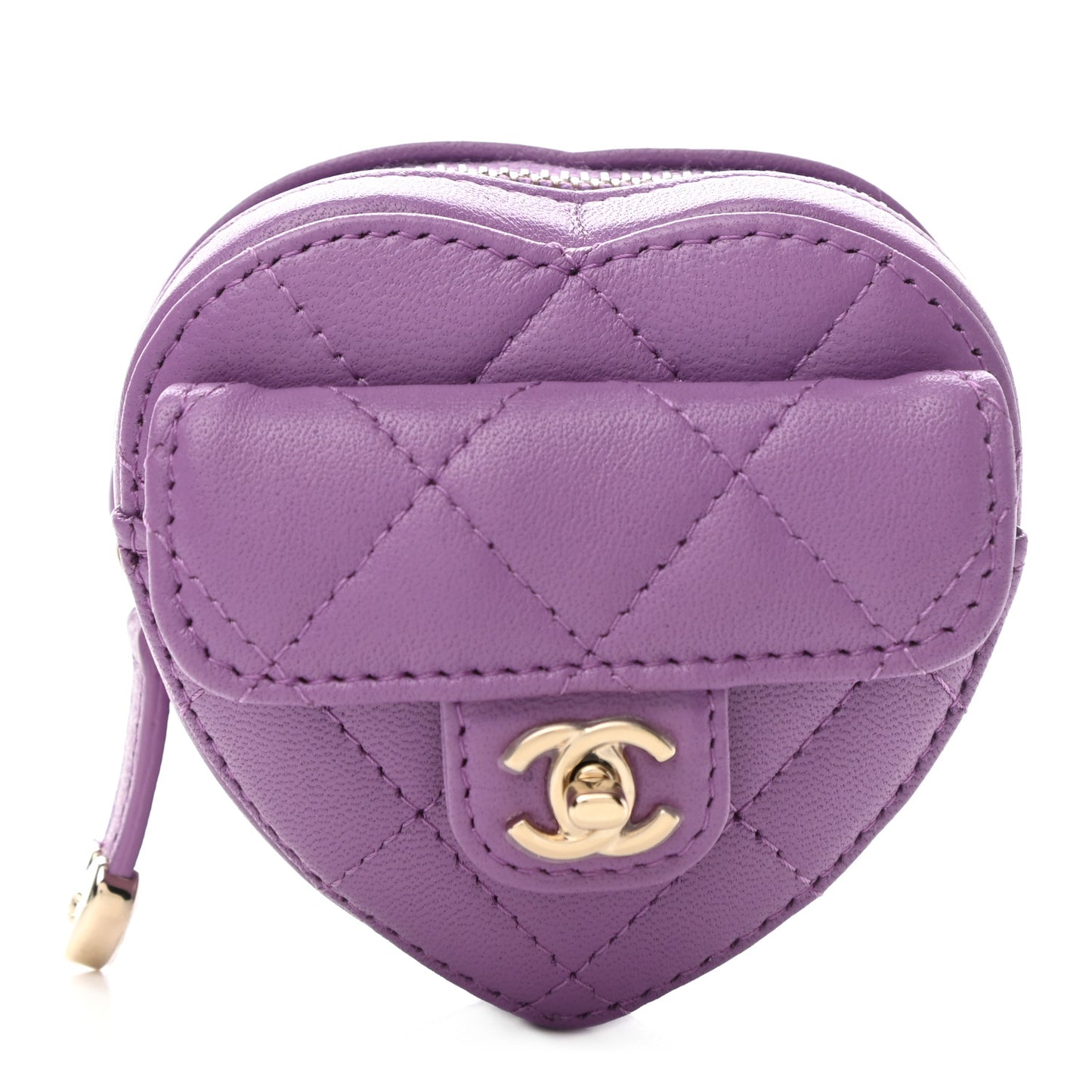 Lambskin Quilted CC In Love Heart Zipped Arm Coin Purse Purple