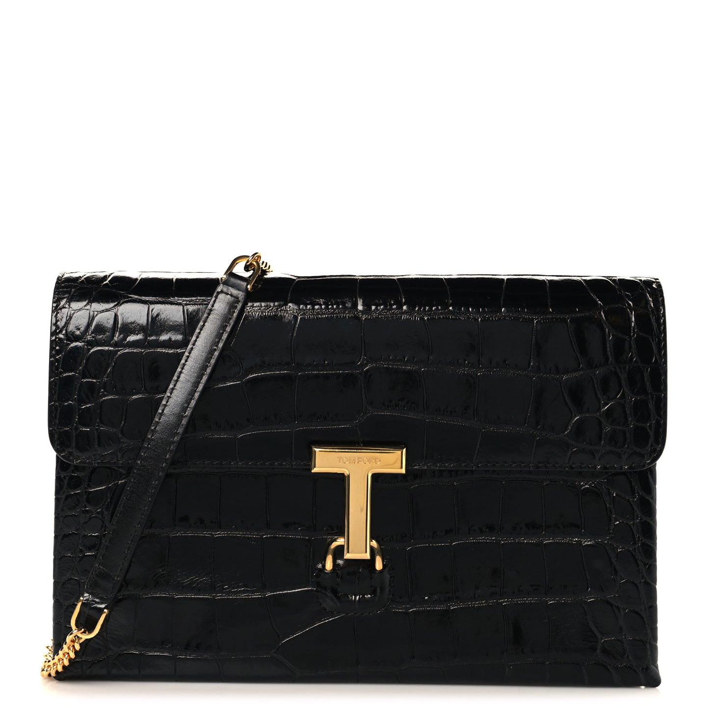 Calfskin Crocodile Embossed Medium Monarch Bag Black