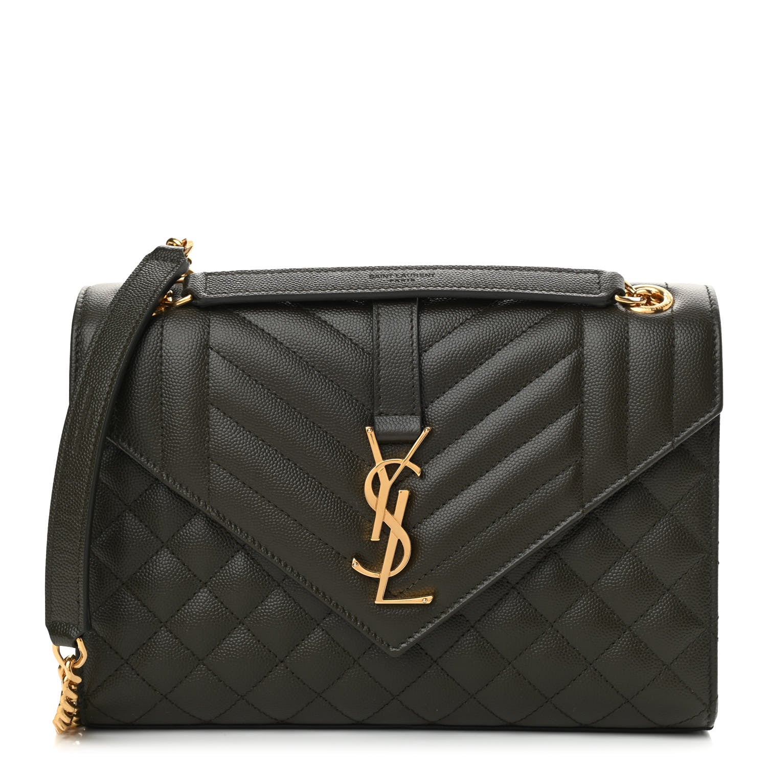 Saint Laurent Grain De Poudre Textured Mixed Matelasse Triquilt Medium Monogram Satchel Army Green 1 of 10
