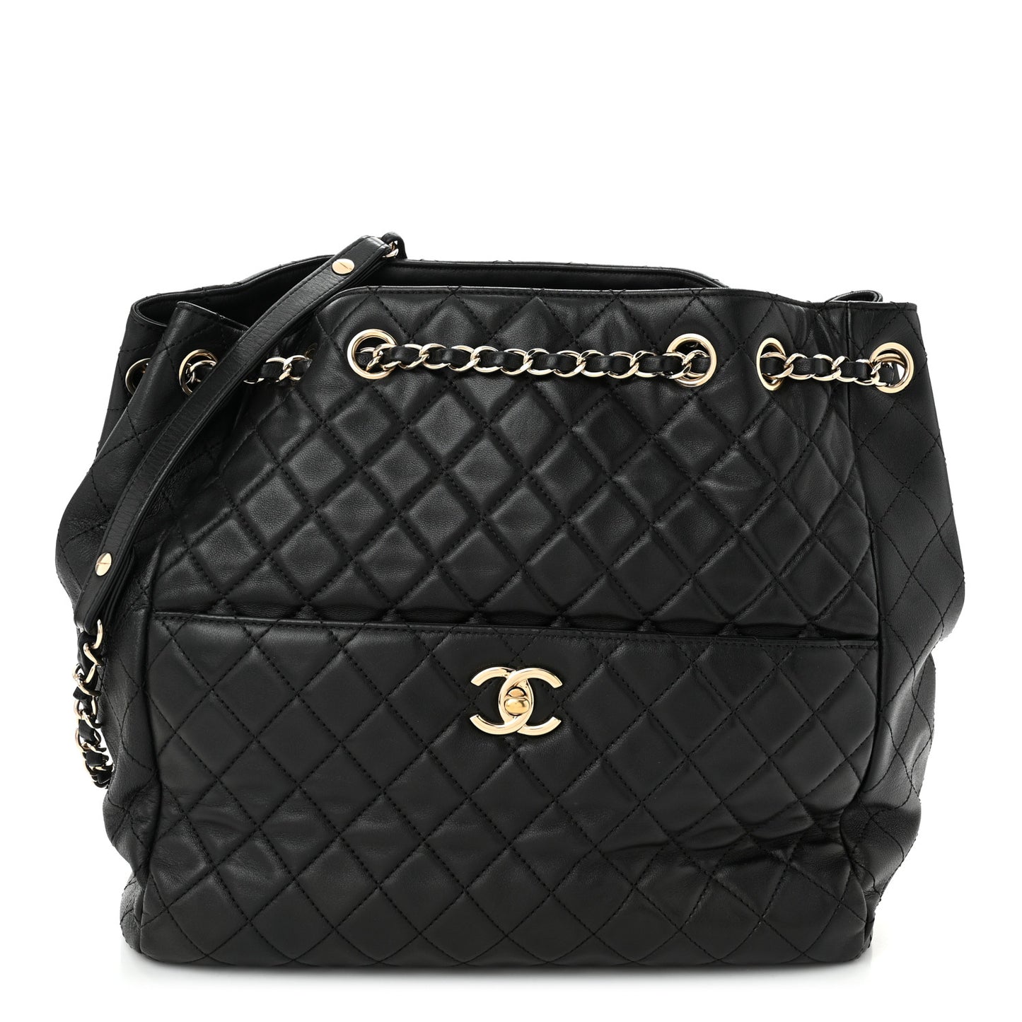 Lambskin Quilted Large Drawstring Bag Black