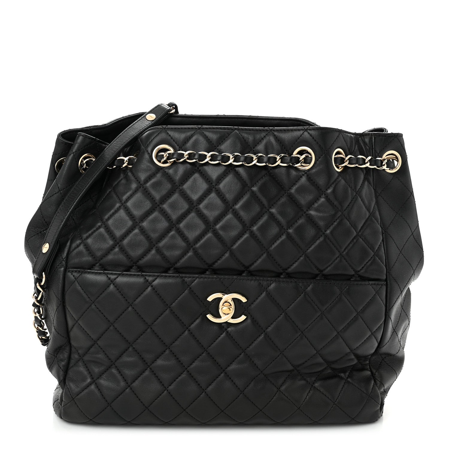 Chanel Lambskin Quilted Large Drawstring Bag Black 1 of 10