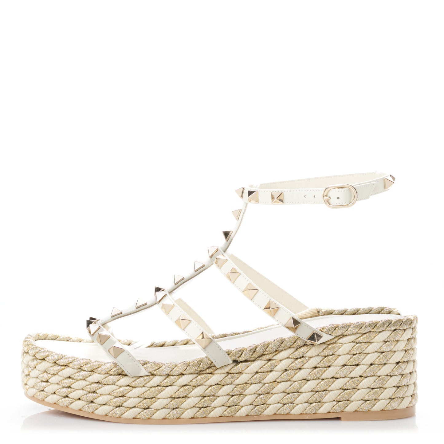 Calfskin Rockstud Ankle Strap Torchon Espadrille Caged 30/55mm Sandals 39 Light Ivory