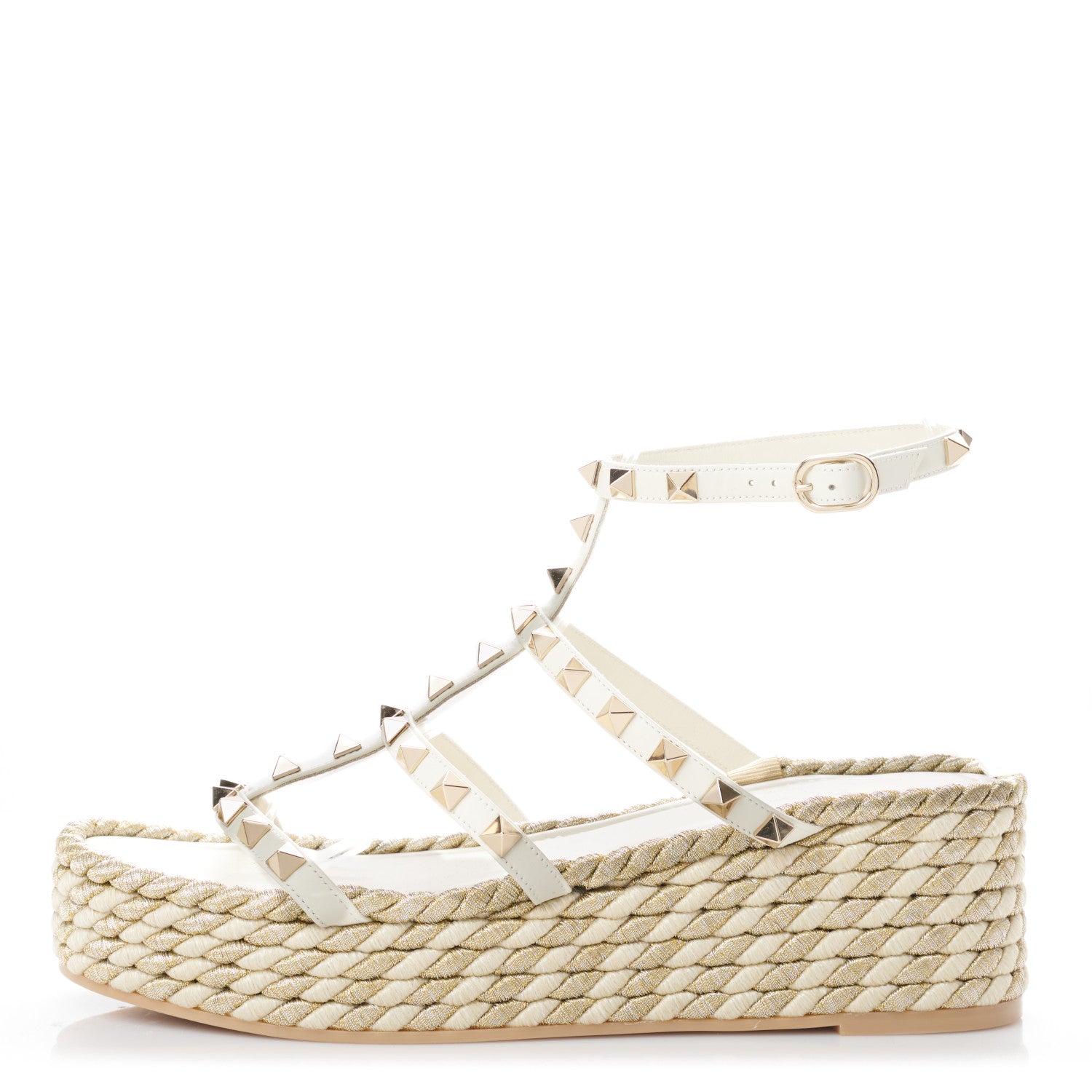 Valentino Garavani Calfskin Rockstud Ankle Strap Torchon Espadrille Caged 30/55mm Sandals 39 Light Ivory 1 of 8