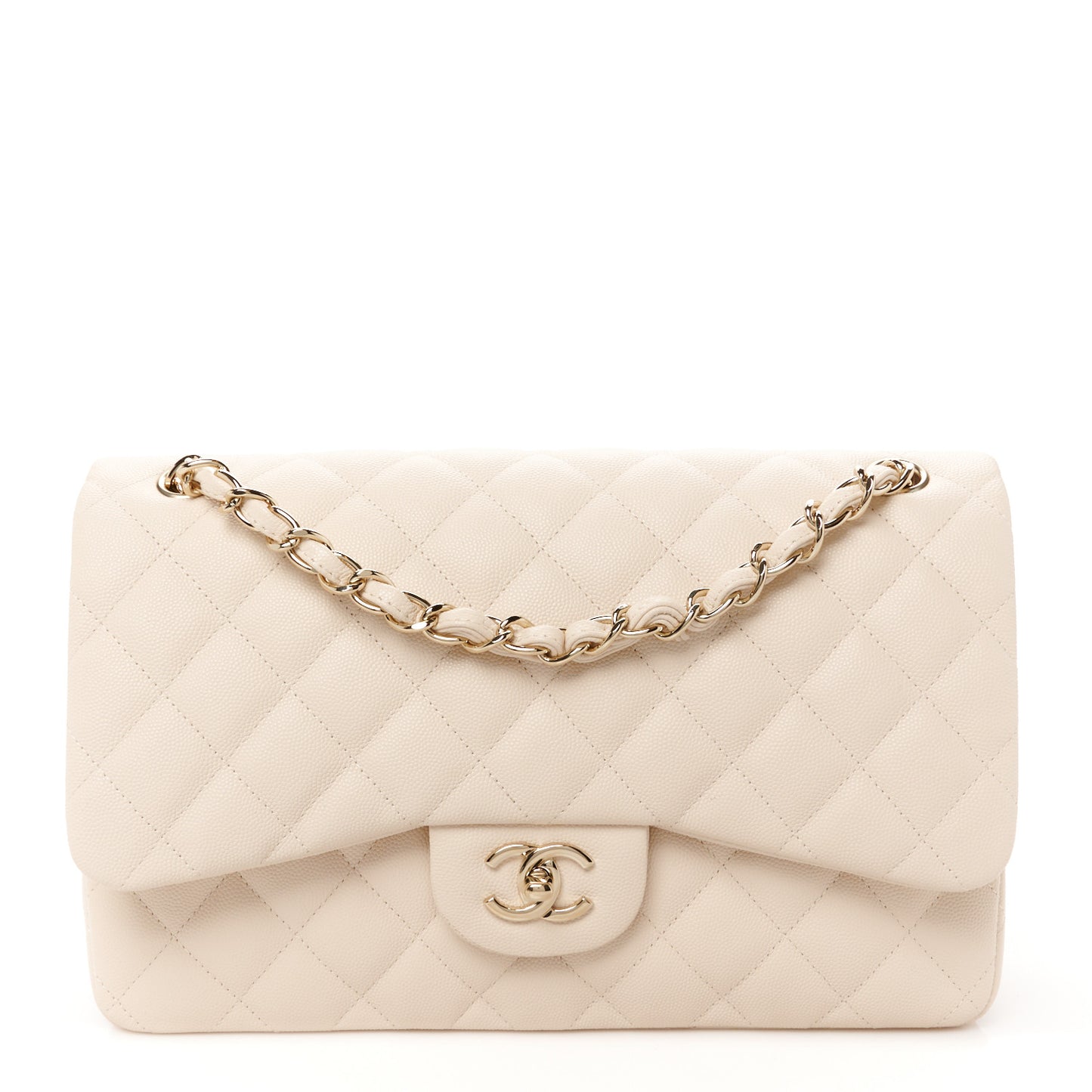 Caviar Quilted Jumbo Double Flap Light Beige