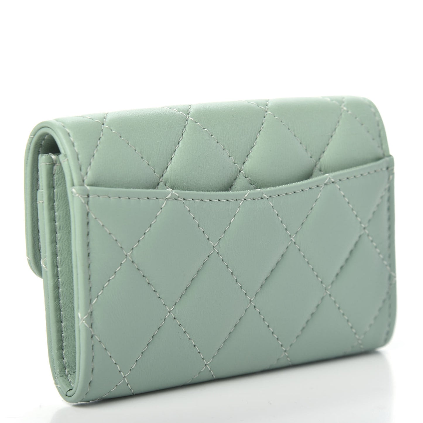 Lambskin Quilted Flap Card Holder Wallet Green