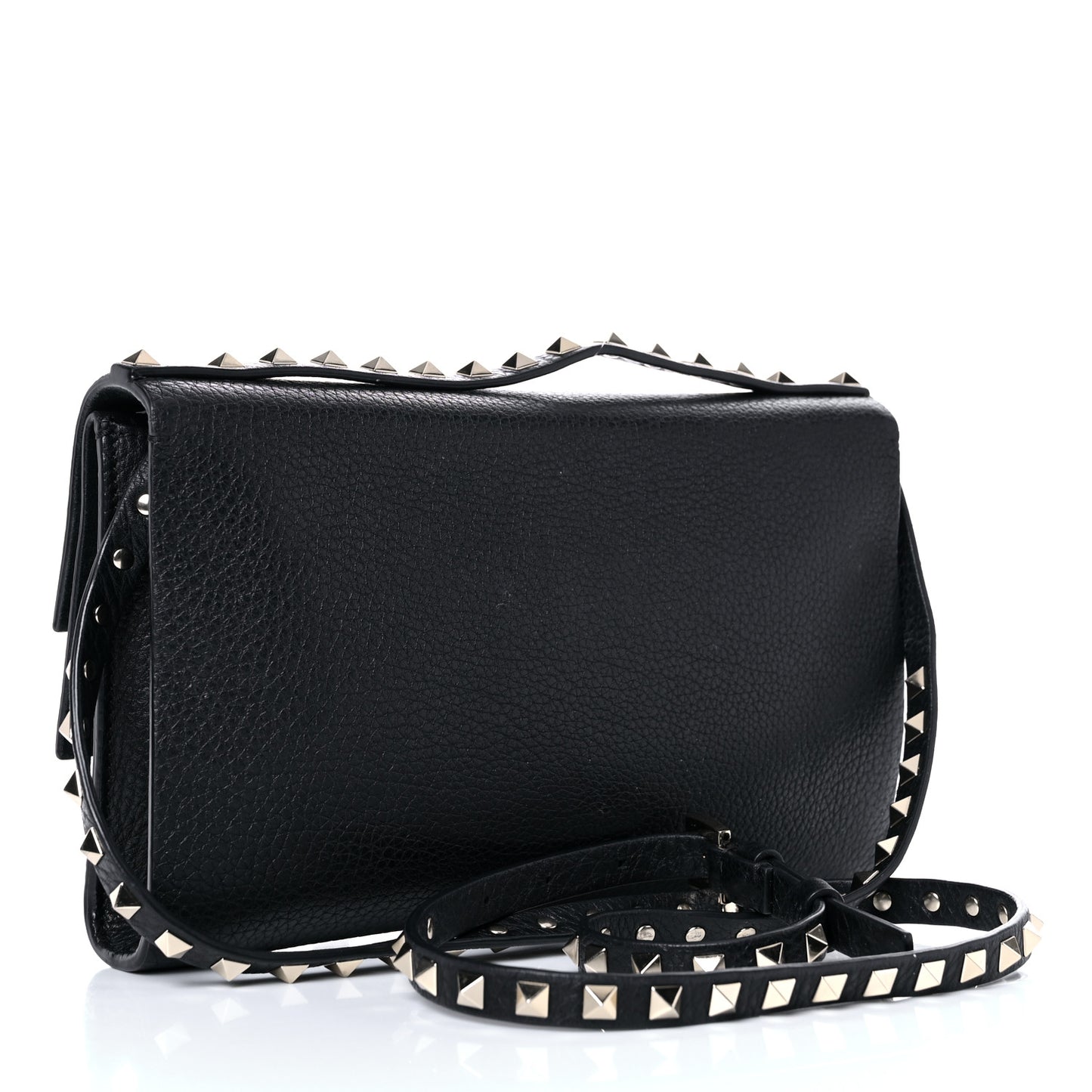 Pebbled Calfskin Rockstud Double Flap Crossbody Bag Black