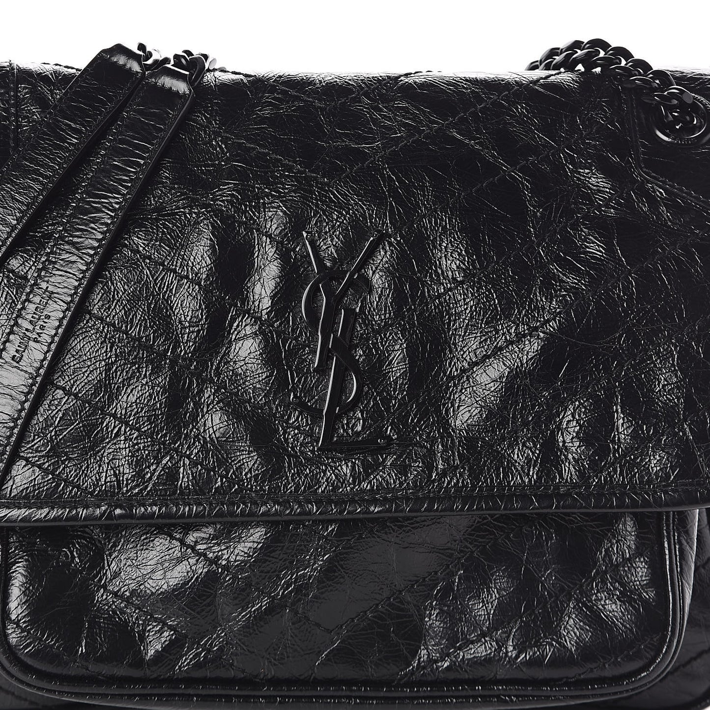 Crinkled Calfskin Matelasse Monogram Medium Niki Chain Satchel Black
